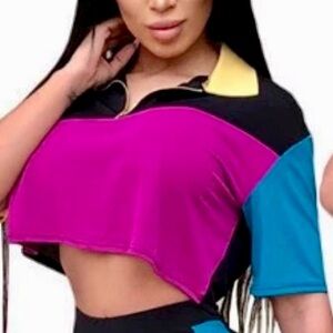 African Mall Polo Shirt, Colour Block Cropped Small, Athleisure, 1/2 Zip